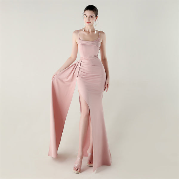 Satin Mermaid Gown with Spaghetti Straps & Beaded Detail