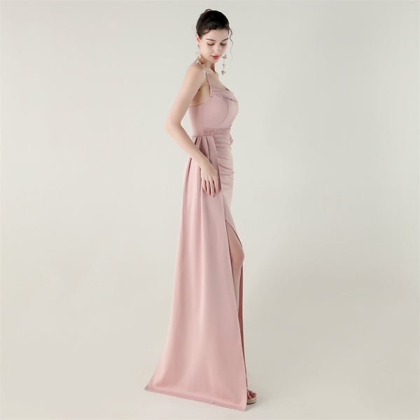 Satin Mermaid Gown with Spaghetti Straps & Beaded Detail