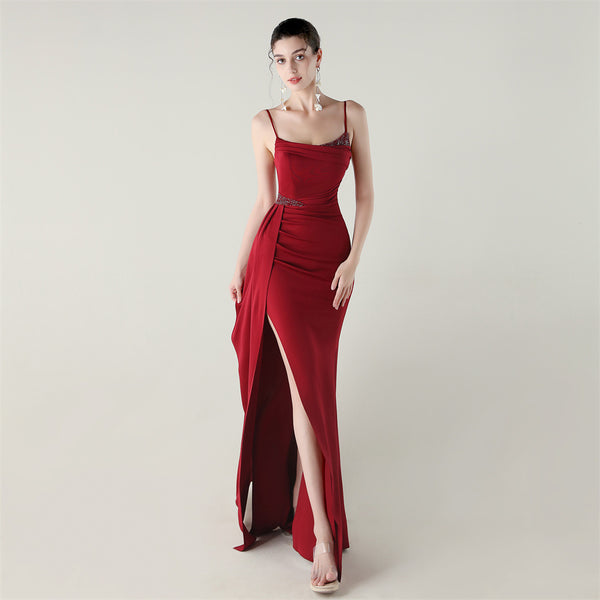 Satin Mermaid Gown with Spaghetti Straps & Beaded Detail