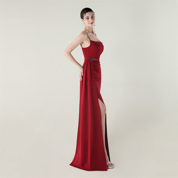 Satin Mermaid Gown with Spaghetti Straps & Beaded Detail