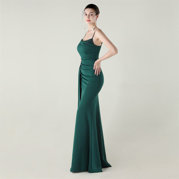 Satin Mermaid Gown with Spaghetti Straps & Beaded Detail
