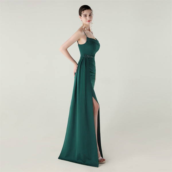 Satin Mermaid Gown with Spaghetti Straps & Beaded Detail