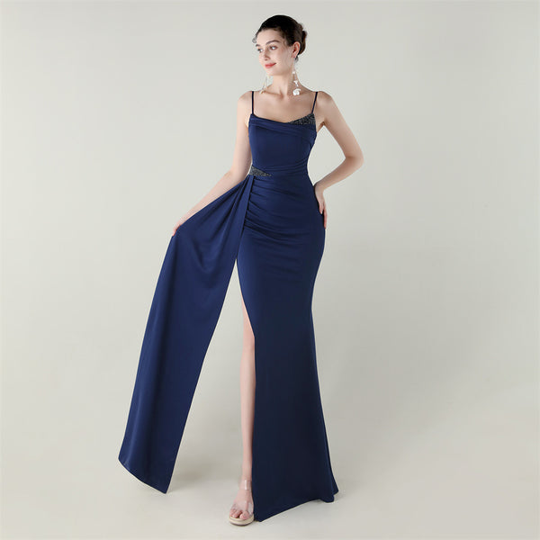 Satin Mermaid Gown with Spaghetti Straps & Beaded Detail