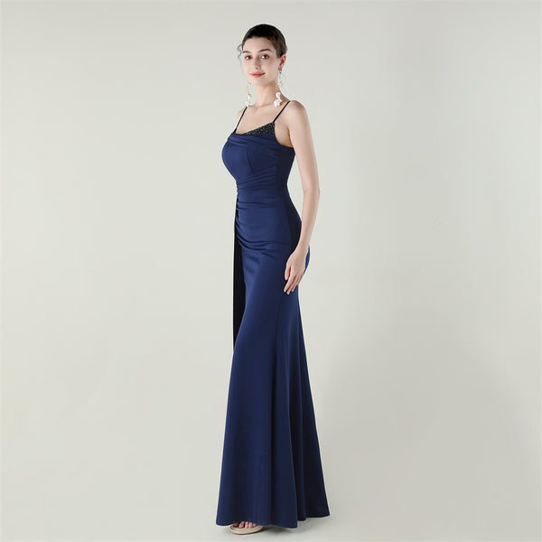 Satin Mermaid Gown with Spaghetti Straps & Beaded Detail