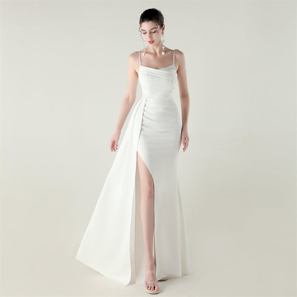 Satin Mermaid Gown with Spaghetti Straps & Beaded Detail