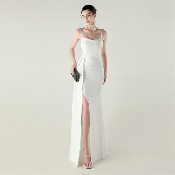 Satin Mermaid Gown with Spaghetti Straps & Beaded Detail