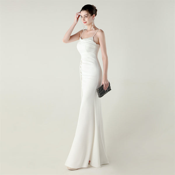 Satin Mermaid Gown with Spaghetti Straps & Beaded Detail