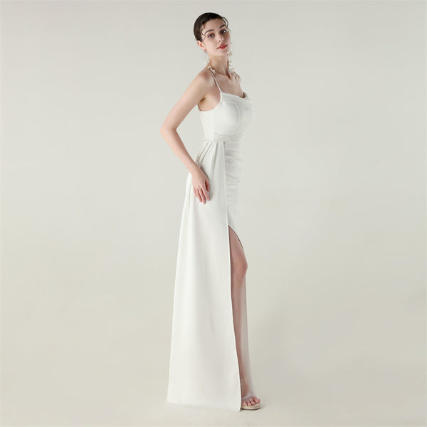 Satin Mermaid Gown with Spaghetti Straps & Beaded Detail