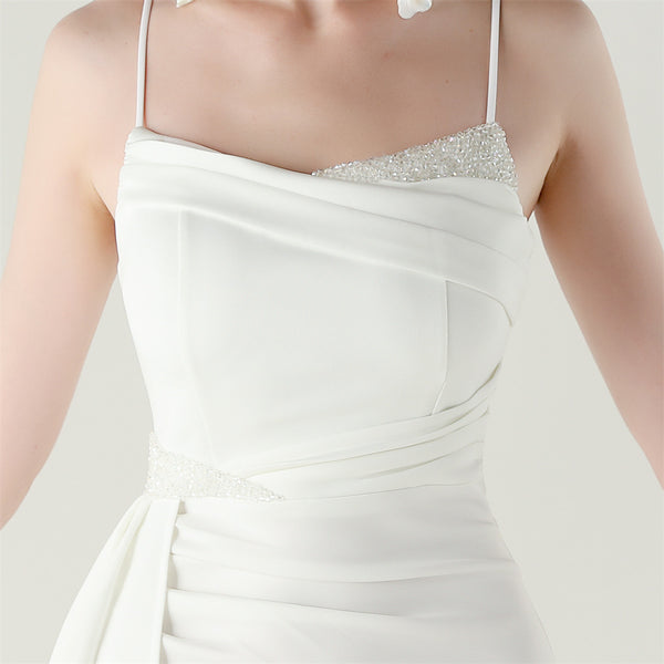 Satin Mermaid Gown with Spaghetti Straps & Beaded Detail