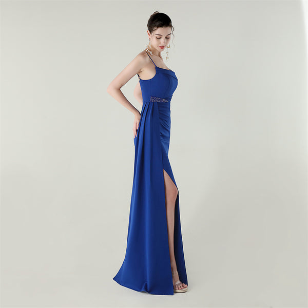Satin Mermaid Gown with Spaghetti Straps & Beaded Detail