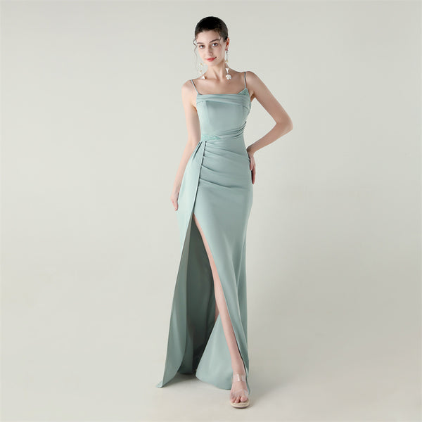 Satin Mermaid Gown with Spaghetti Straps & Beaded Detail