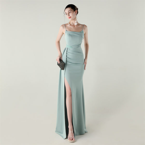 Satin Mermaid Gown with Spaghetti Straps & Beaded Detail
