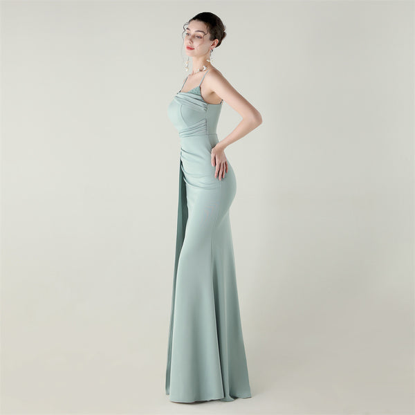 Satin Mermaid Gown with Spaghetti Straps & Beaded Detail