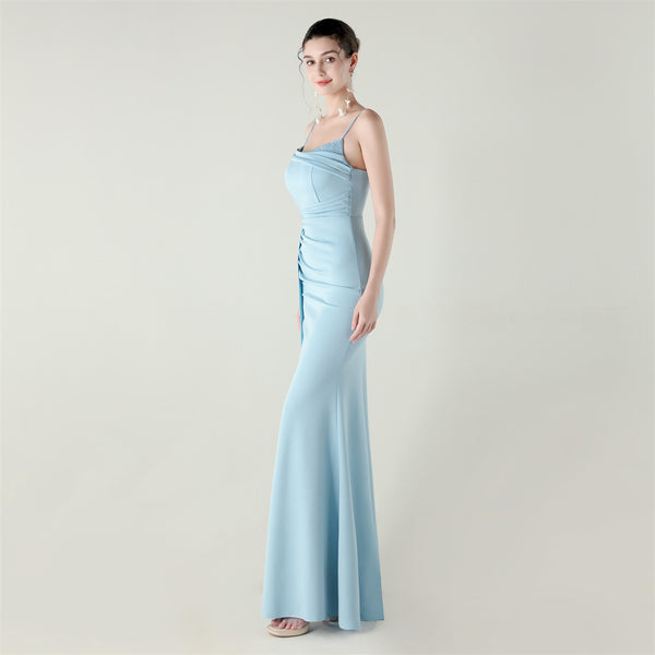 Satin Mermaid Gown with Spaghetti Straps & Beaded Detail