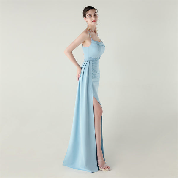Satin Mermaid Gown with Spaghetti Straps & Beaded Detail