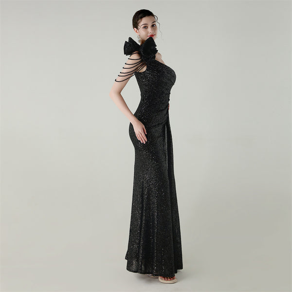 One-Shoulder Asymmetric Mermaid Gown with Floral Beadwork