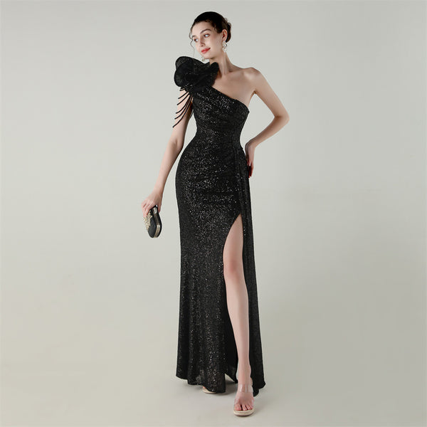 One-Shoulder Asymmetric Mermaid Gown with Floral Beadwork