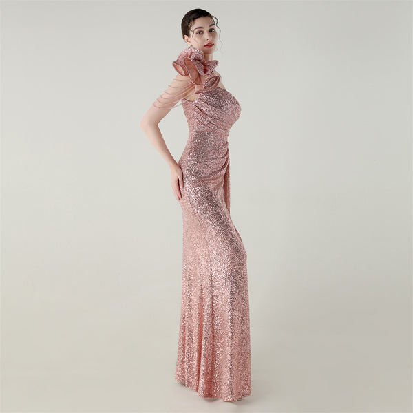 One-Shoulder Asymmetric Mermaid Gown with Floral Beadwork