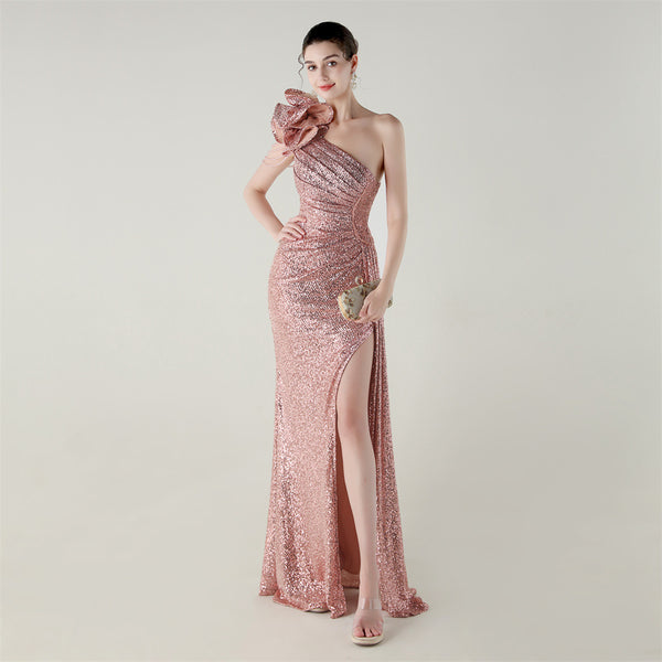 One-Shoulder Asymmetric Mermaid Gown with Floral Beadwork