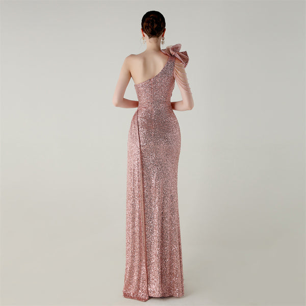 One-Shoulder Asymmetric Mermaid Gown with Floral Beadwork