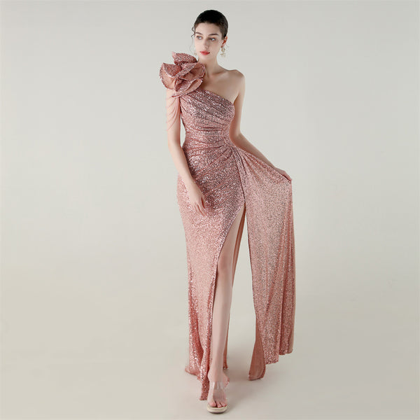 One-Shoulder Asymmetric Mermaid Gown with Floral Beadwork