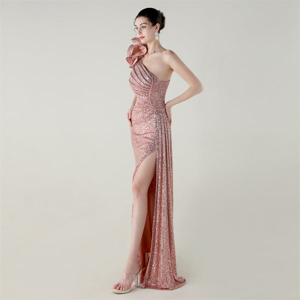 One-Shoulder Asymmetric Mermaid Gown with Floral Beadwork