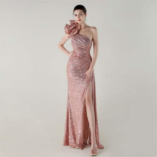 One-Shoulder Asymmetric Mermaid Gown with Floral Beadwork