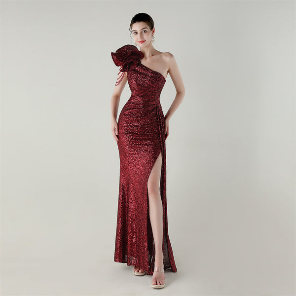 One-Shoulder Asymmetric Mermaid Gown with Floral Beadwork