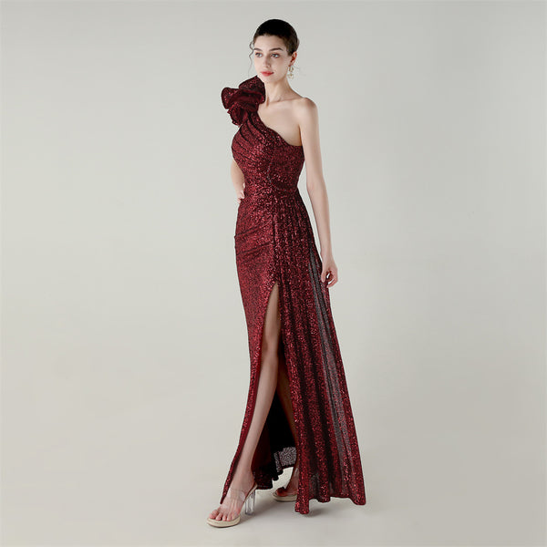 One-Shoulder Asymmetric Mermaid Gown with Floral Beadwork