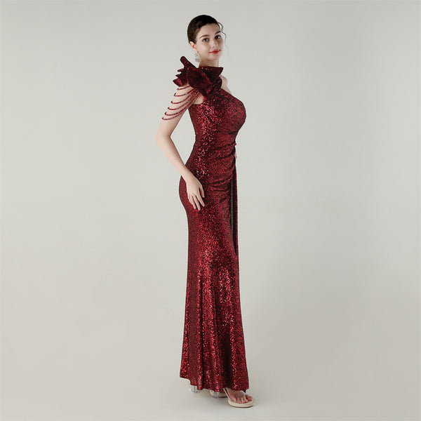 One-Shoulder Asymmetric Mermaid Gown with Floral Beadwork