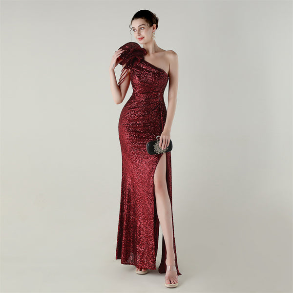 One-Shoulder Asymmetric Mermaid Gown with Floral Beadwork