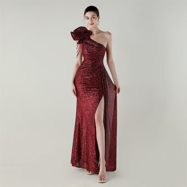 One-Shoulder Asymmetric Mermaid Gown with Floral Beadwork