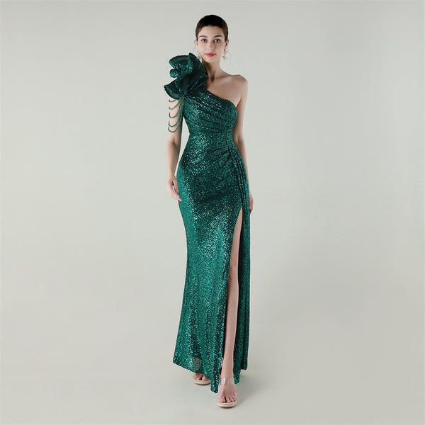 One-Shoulder Asymmetric Mermaid Gown with Floral Beadwork