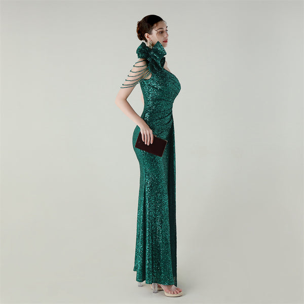 One-Shoulder Asymmetric Mermaid Gown with Floral Beadwork