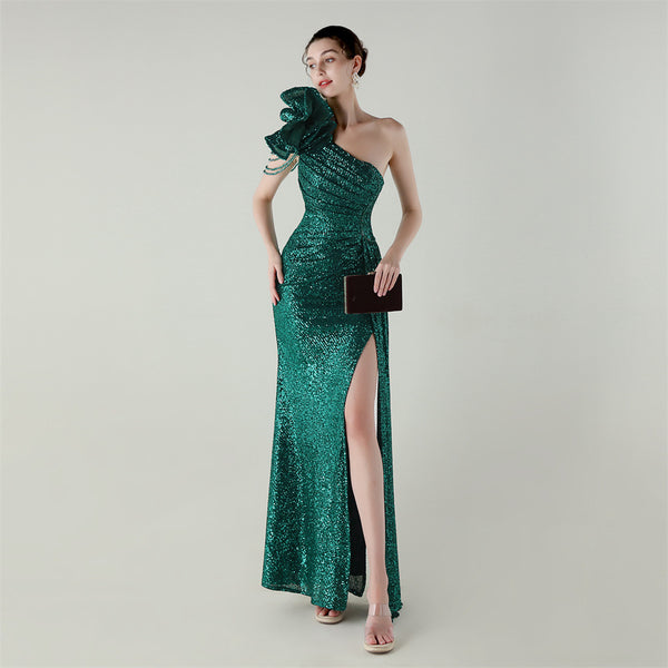 One-Shoulder Asymmetric Mermaid Gown with Floral Beadwork