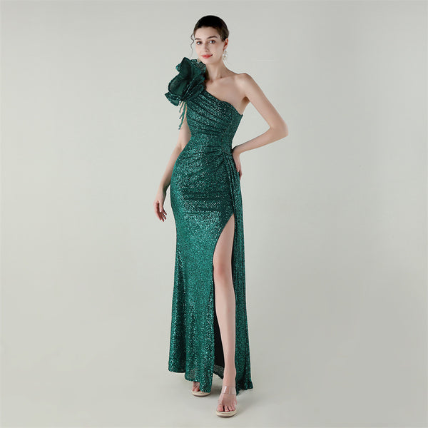 One-Shoulder Asymmetric Mermaid Gown with Floral Beadwork