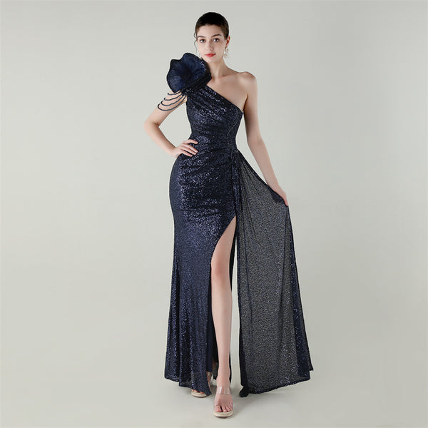 One-Shoulder Asymmetric Mermaid Gown with Floral Beadwork