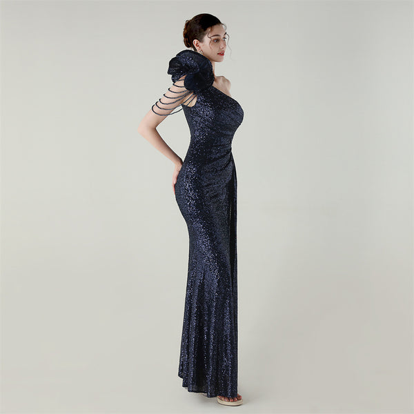 One-Shoulder Asymmetric Mermaid Gown with Floral Beadwork