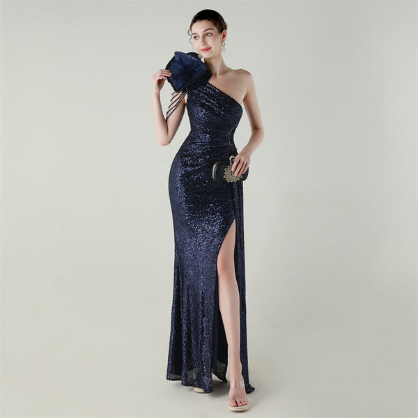 One-Shoulder Asymmetric Mermaid Gown with Floral Beadwork