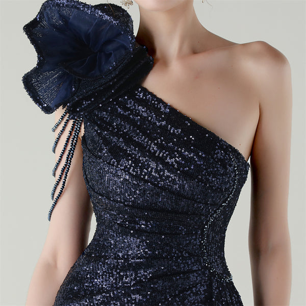 One-Shoulder Asymmetric Mermaid Gown with Floral Beadwork