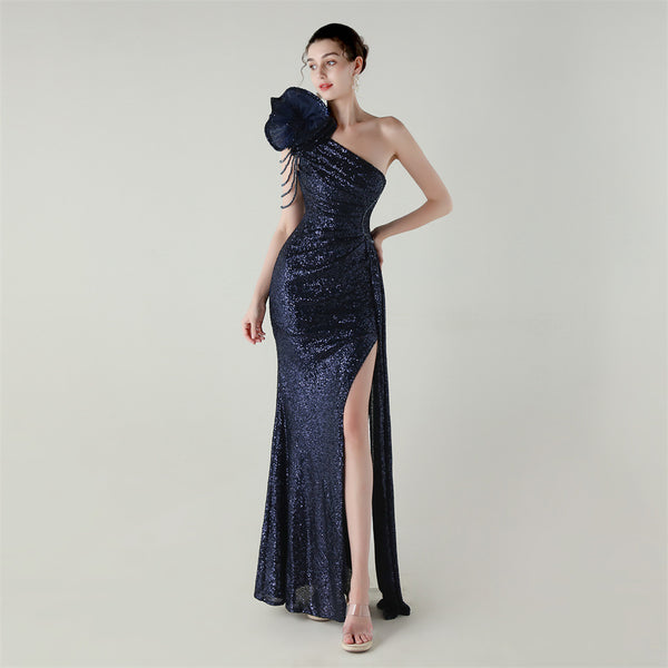 One-Shoulder Asymmetric Mermaid Gown with Floral Beadwork
