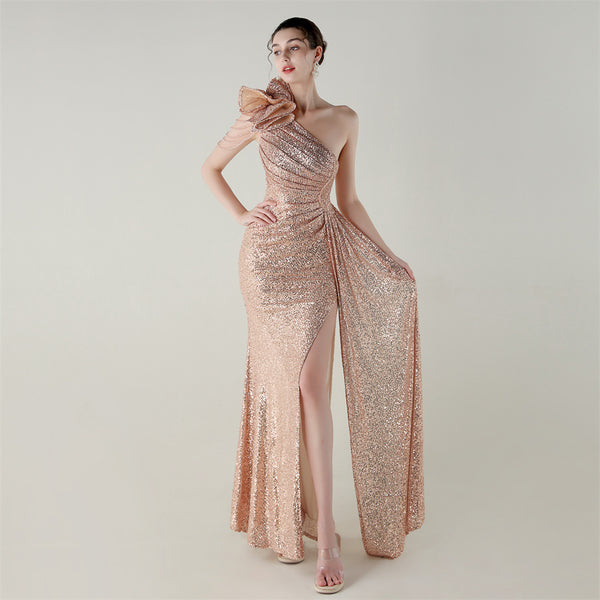 One-Shoulder Asymmetric Mermaid Gown with Floral Beadwork