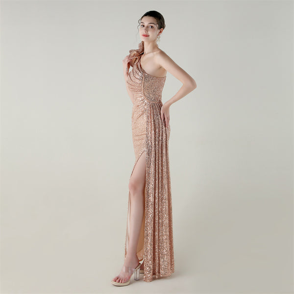 One-Shoulder Asymmetric Mermaid Gown with Floral Beadwork