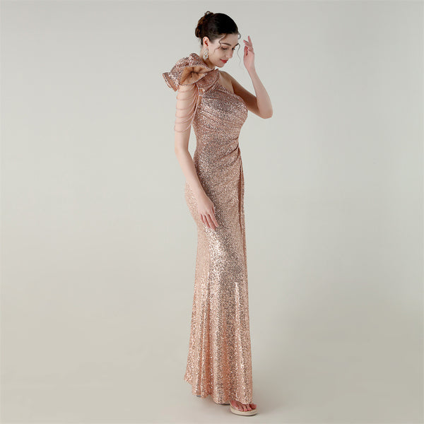One-Shoulder Asymmetric Mermaid Gown with Floral Beadwork