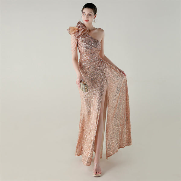 One-Shoulder Asymmetric Mermaid Gown with Floral Beadwork