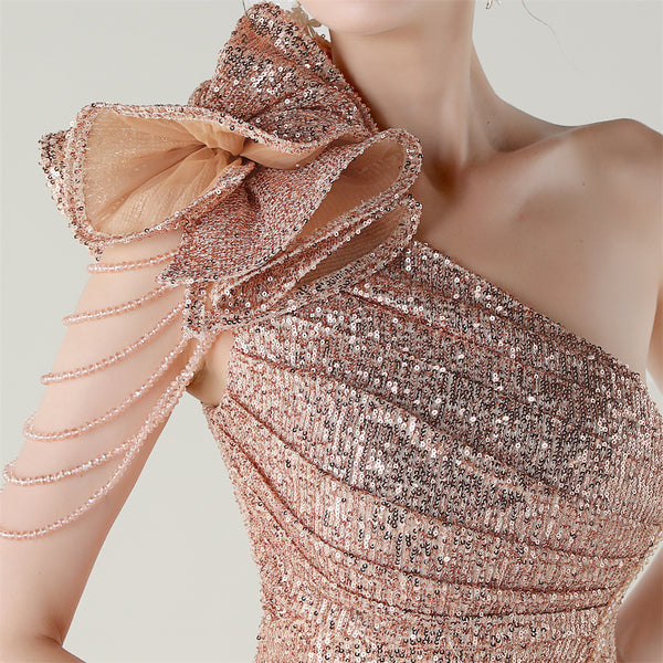 One-Shoulder Asymmetric Mermaid Gown with Floral Beadwork