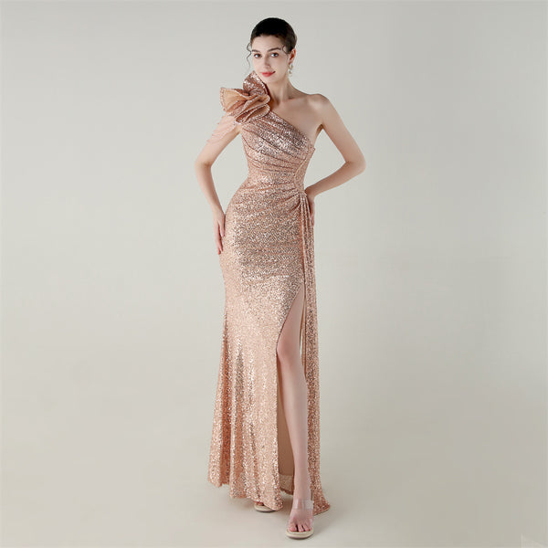 One-Shoulder Asymmetric Mermaid Gown with Floral Beadwork