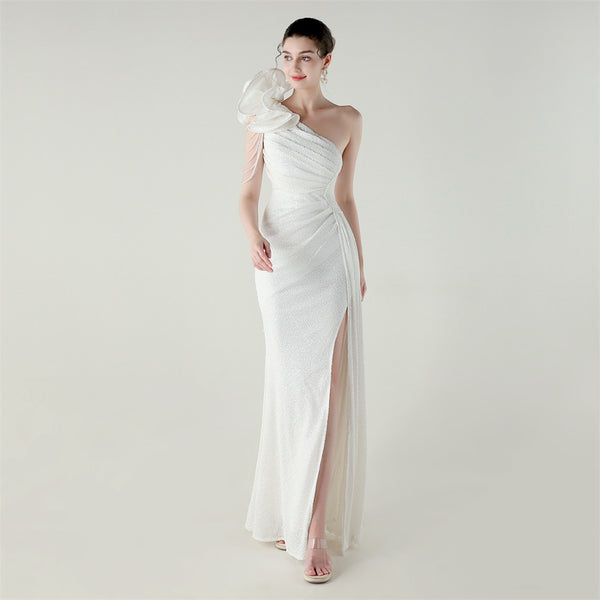 One-Shoulder Asymmetric Mermaid Gown with Floral Beadwork