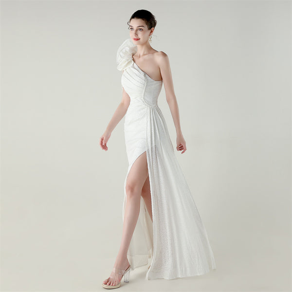 One-Shoulder Asymmetric Mermaid Gown with Floral Beadwork