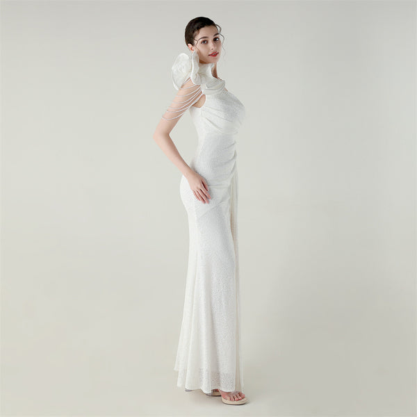 One-Shoulder Asymmetric Mermaid Gown with Floral Beadwork